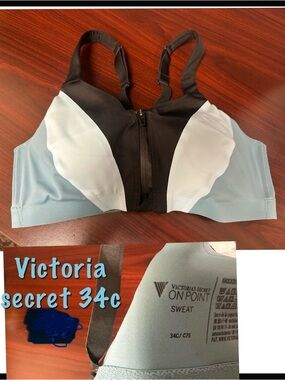 Victoria's Secret Light Blue, Black & White Front-Zip Sports Bra